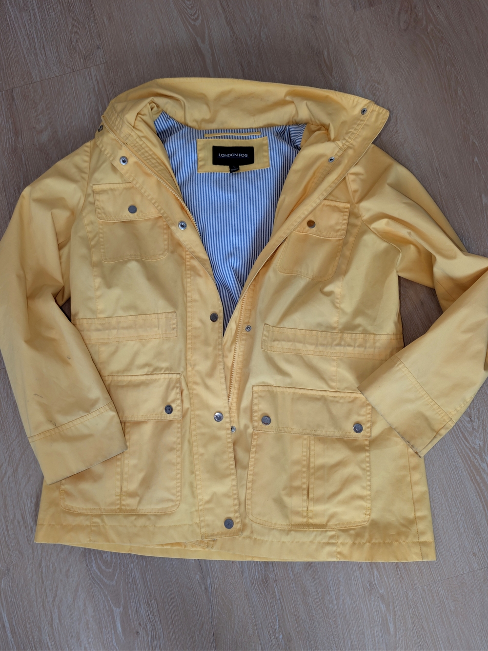 London Fog Yellow Utility Rain Jacket Striped Lining Women's Size Large